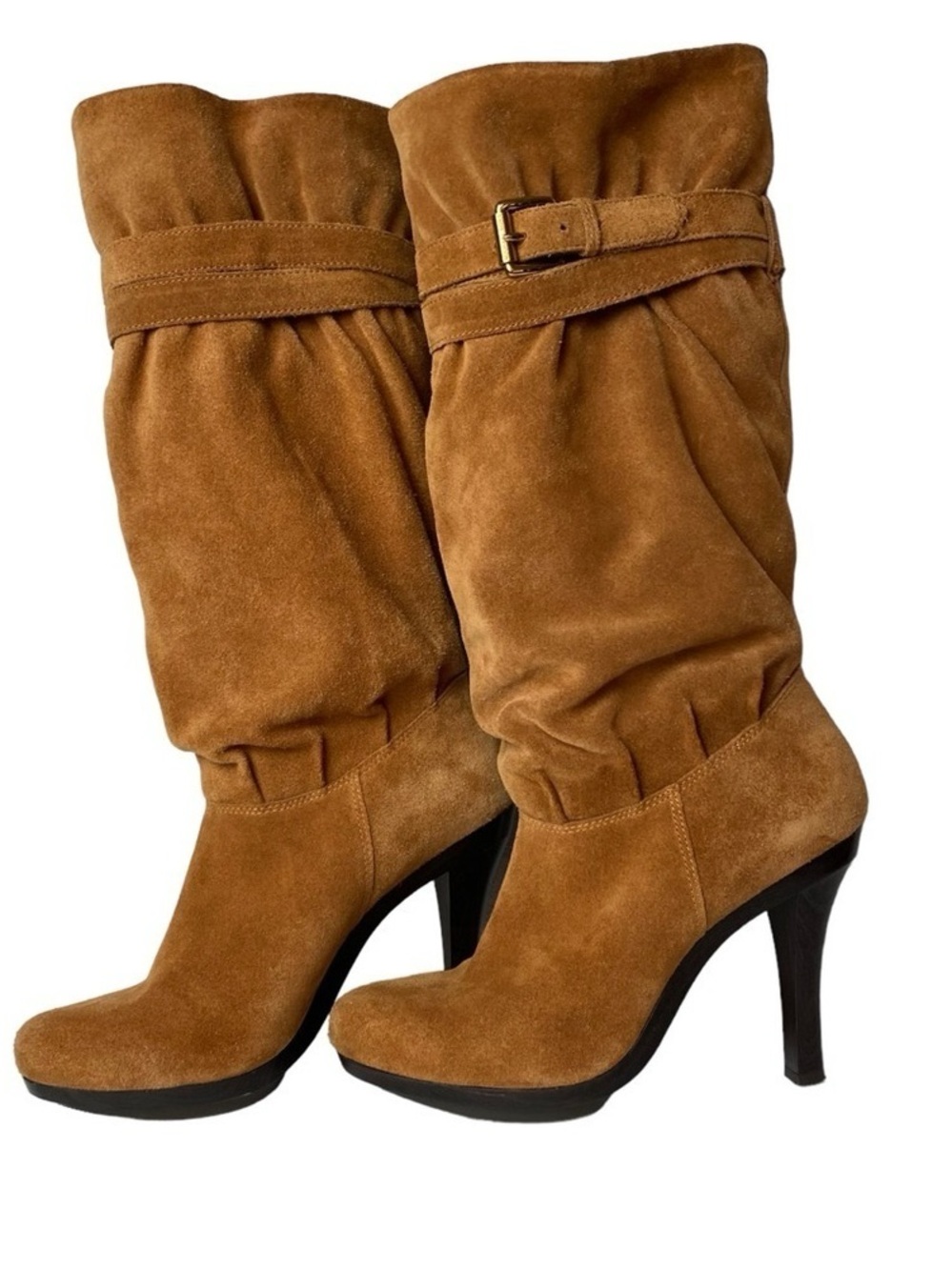 Michael Kors Cognac Suede Slouch buckle pull on knee high Boot heels
